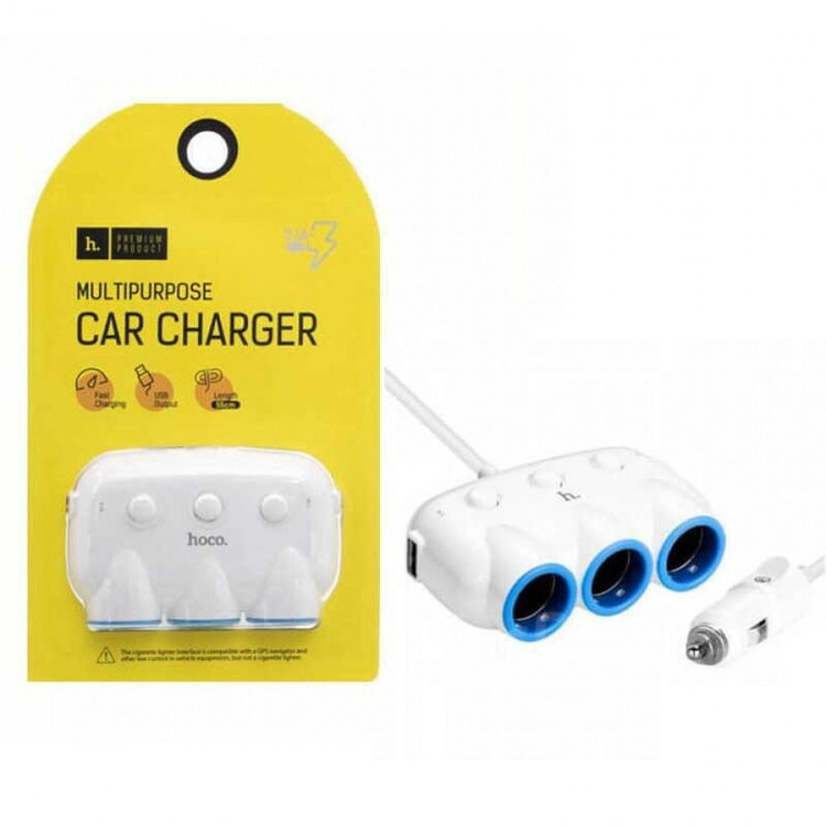 شارژر فندکی همه کاره خودرو برند هوکو 3 خروجی فندکی و 2 خروجی USB شارژ سریع