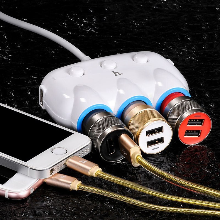 شارژر فندکی همه کاره خودرو برند هوکو 3 خروجی فندکی و 2 خروجی USB شارژ سریع